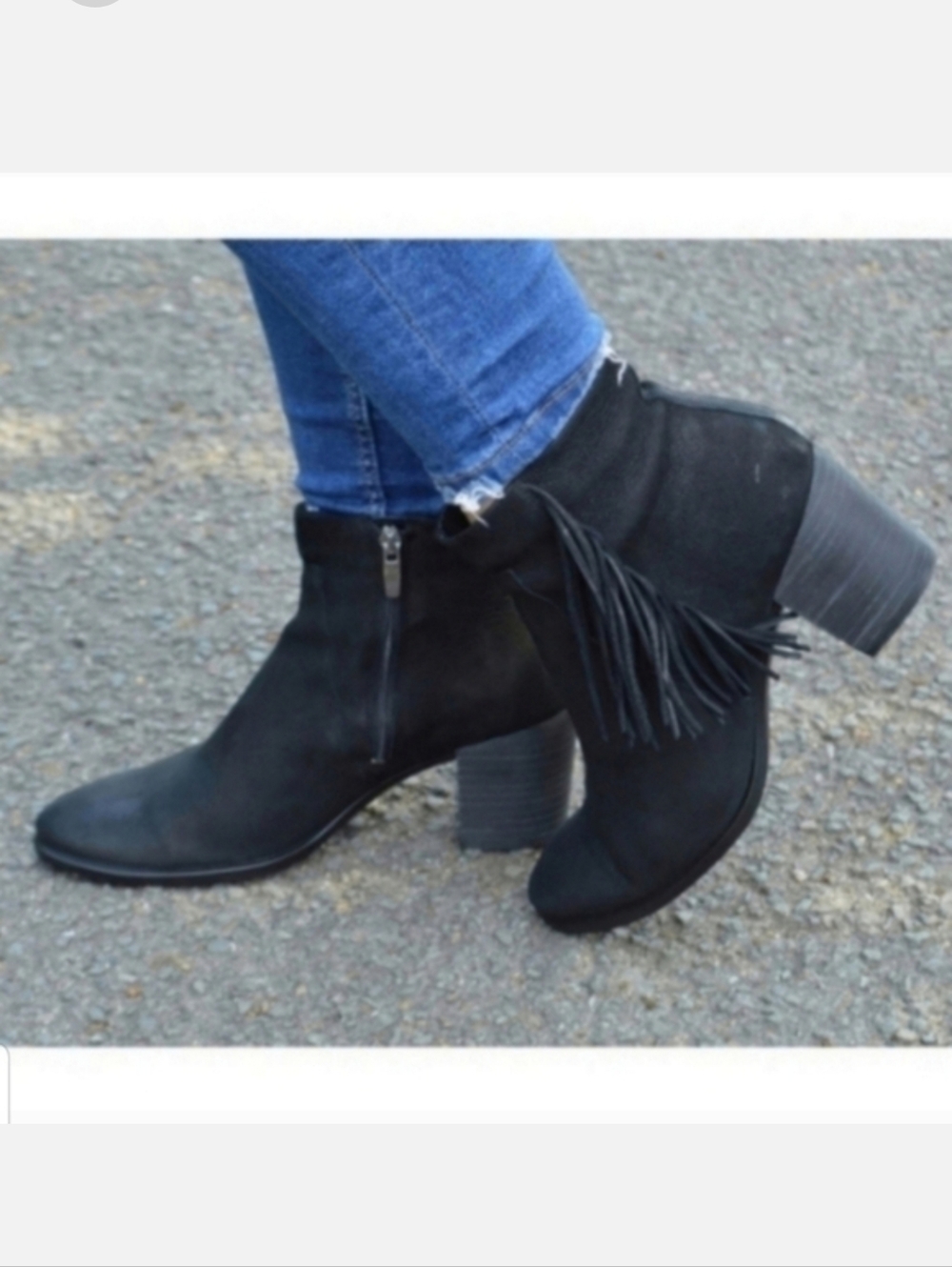 ECCO Shape 55 Fringed Nubuck Leather Block Heel Ankle Boots Black 7.5